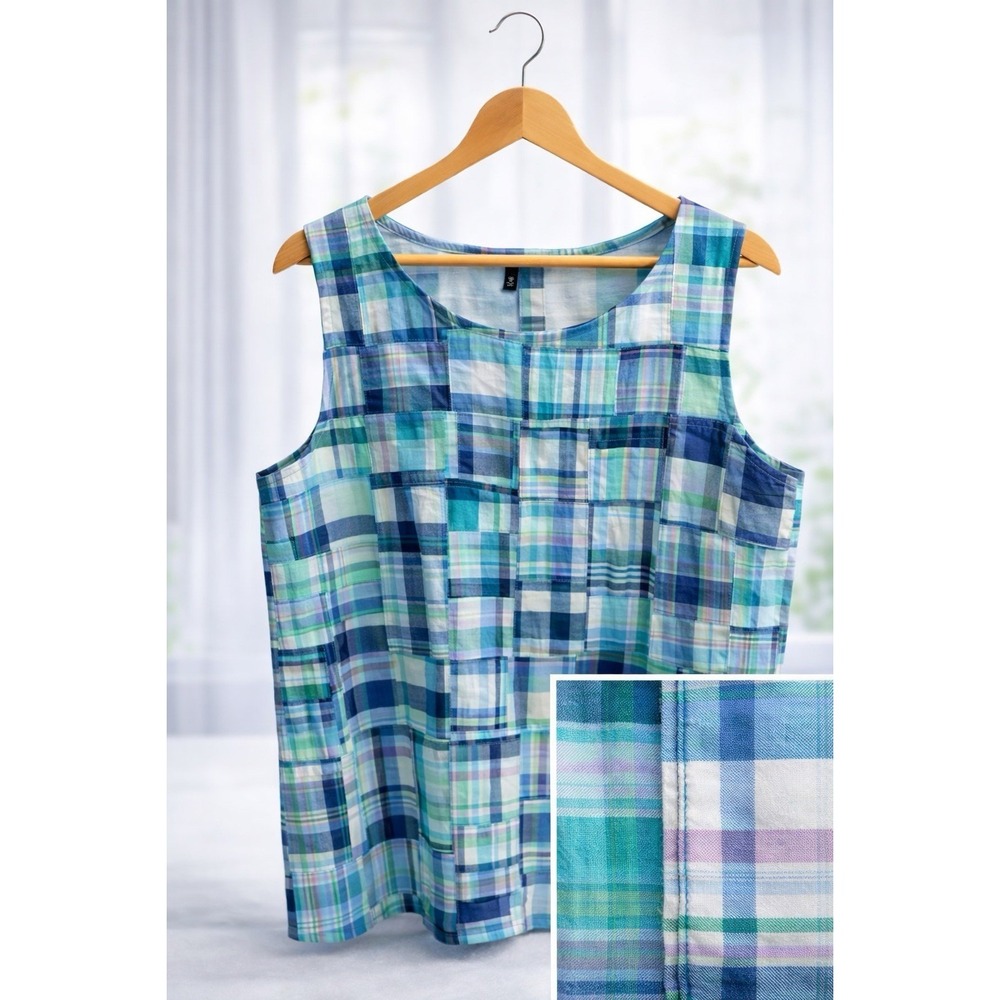 Talbots Madras Plaid Patchwork Back Button Sleeve… - image 1